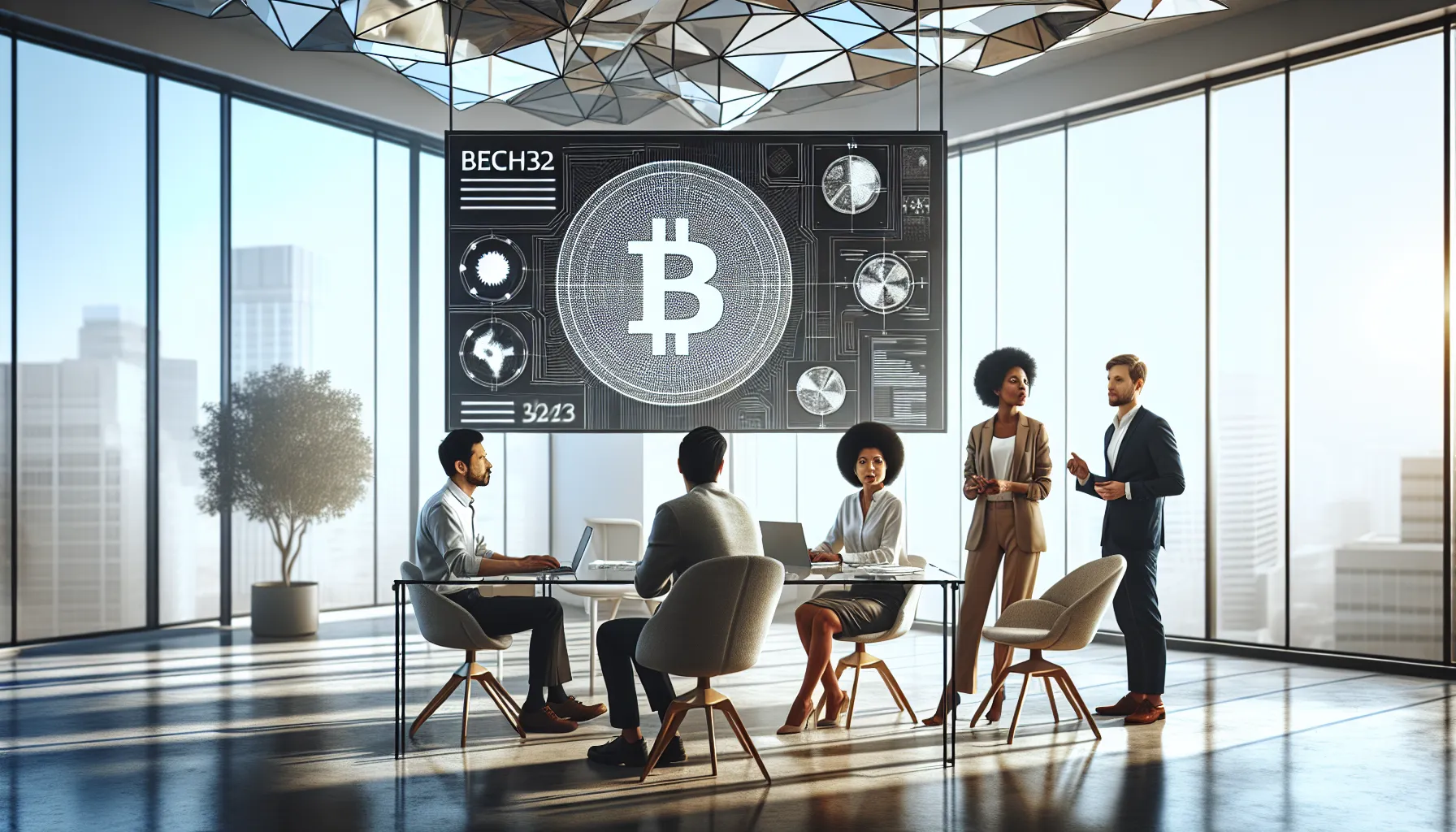 professionals discussing Bitcoin address in a modern office.