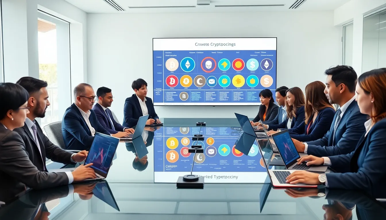 diverse team discussing cryptocurrencies in a modern office.