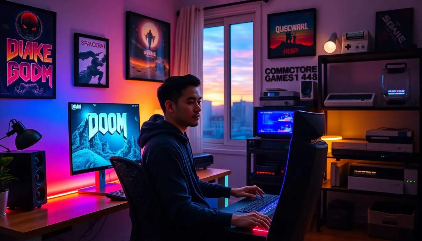 a young gamer at a modern PC setup with retro gaming memorabilia.