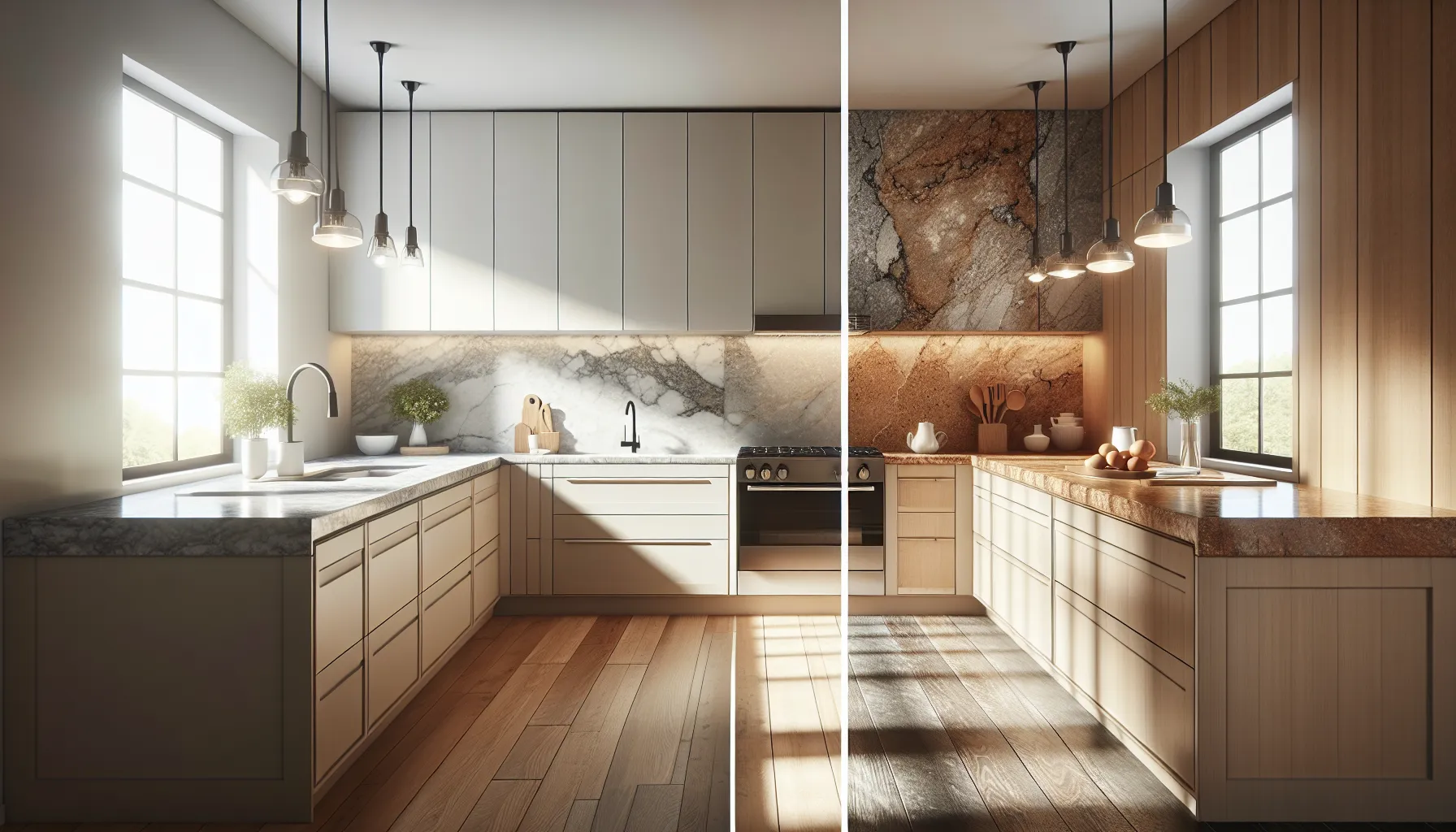 A modern kitchen featuring quartz and granite countertops side by side.
