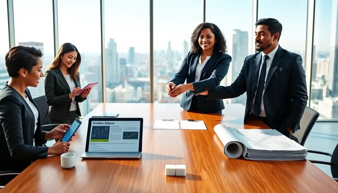 Two business leaders shaking hands in a modern boardroom over signed contract.