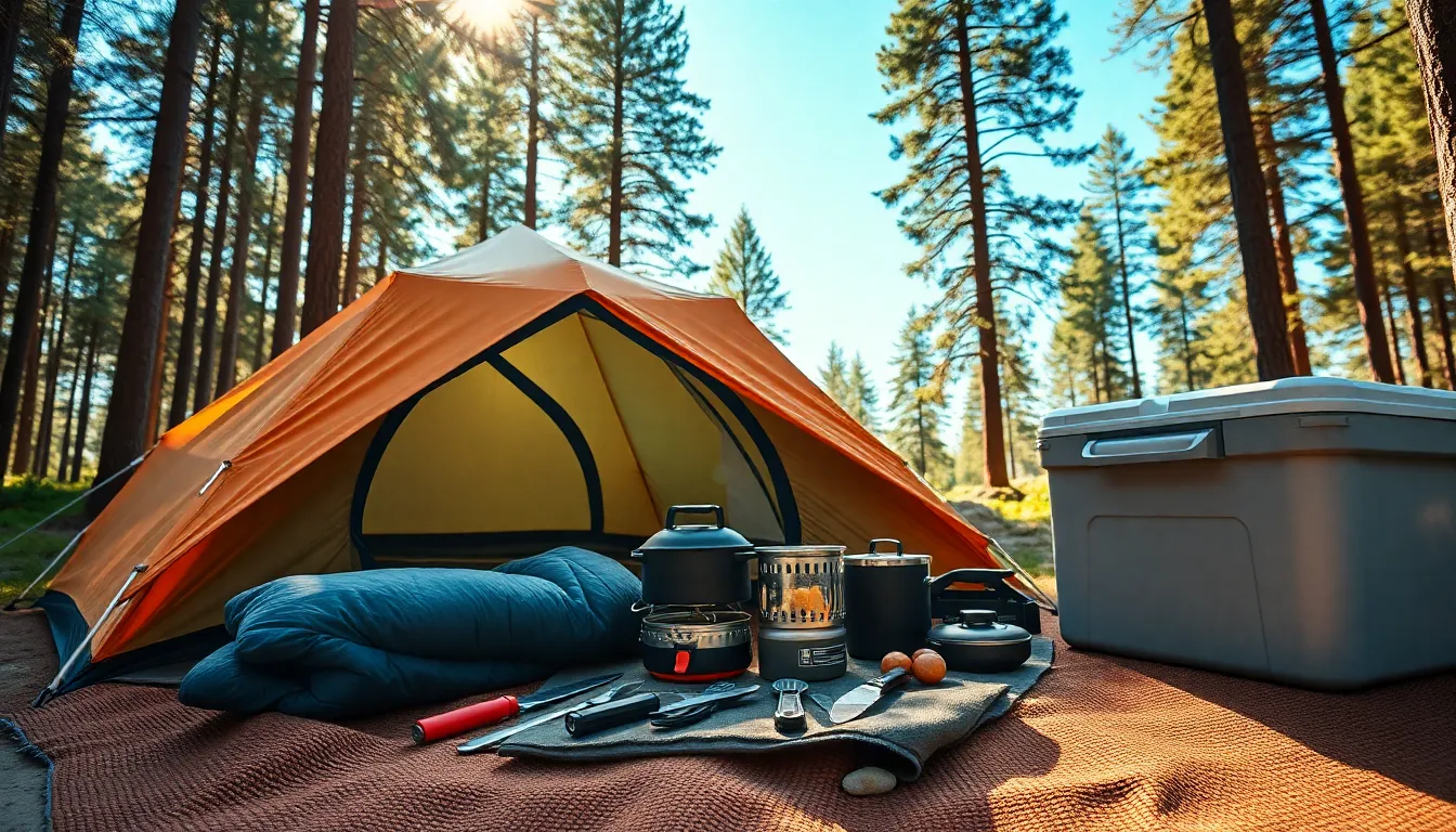 variety of essential camping gear in a forest setting.