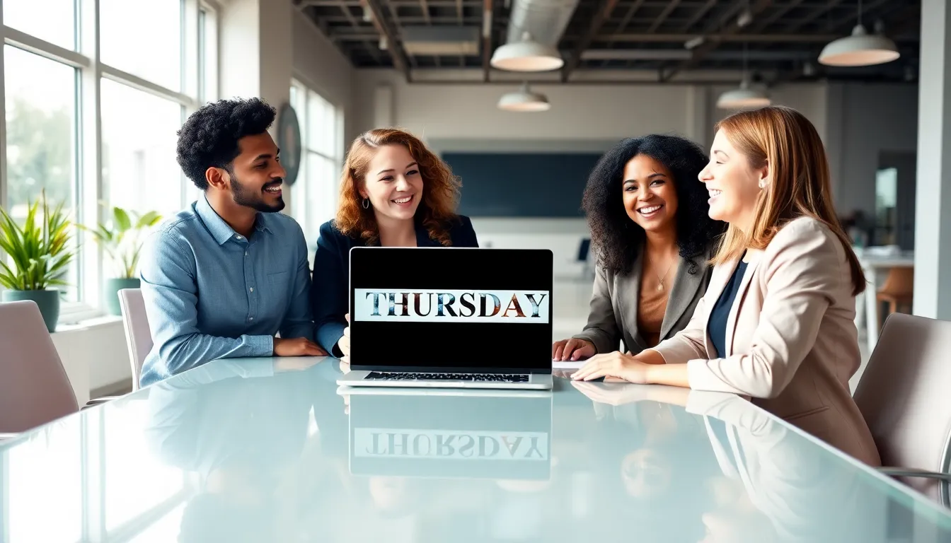 Diverse team laughing at a funny meme in a modern office.