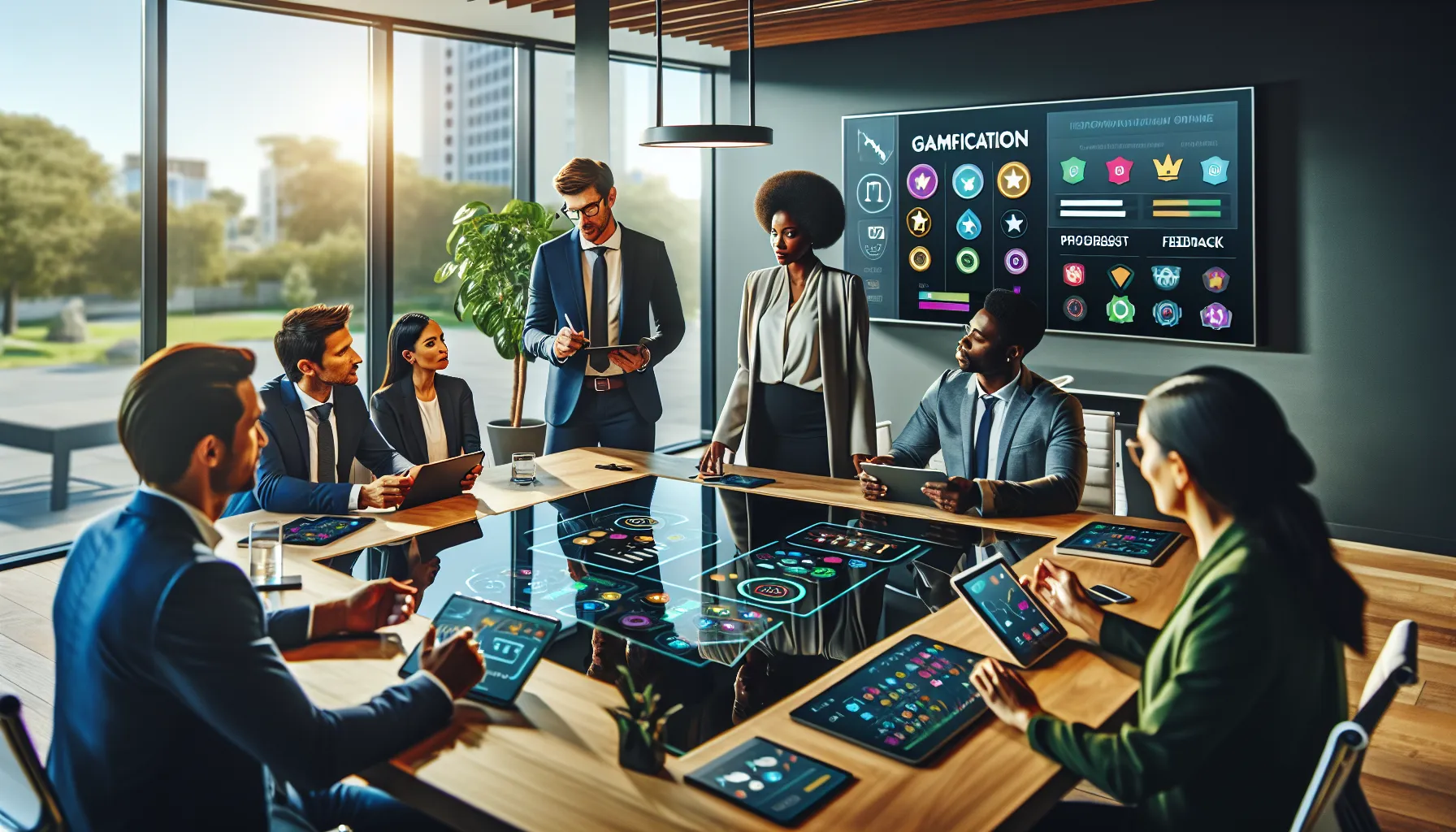 diverse team collaborating on gamification strategies in a modern office.