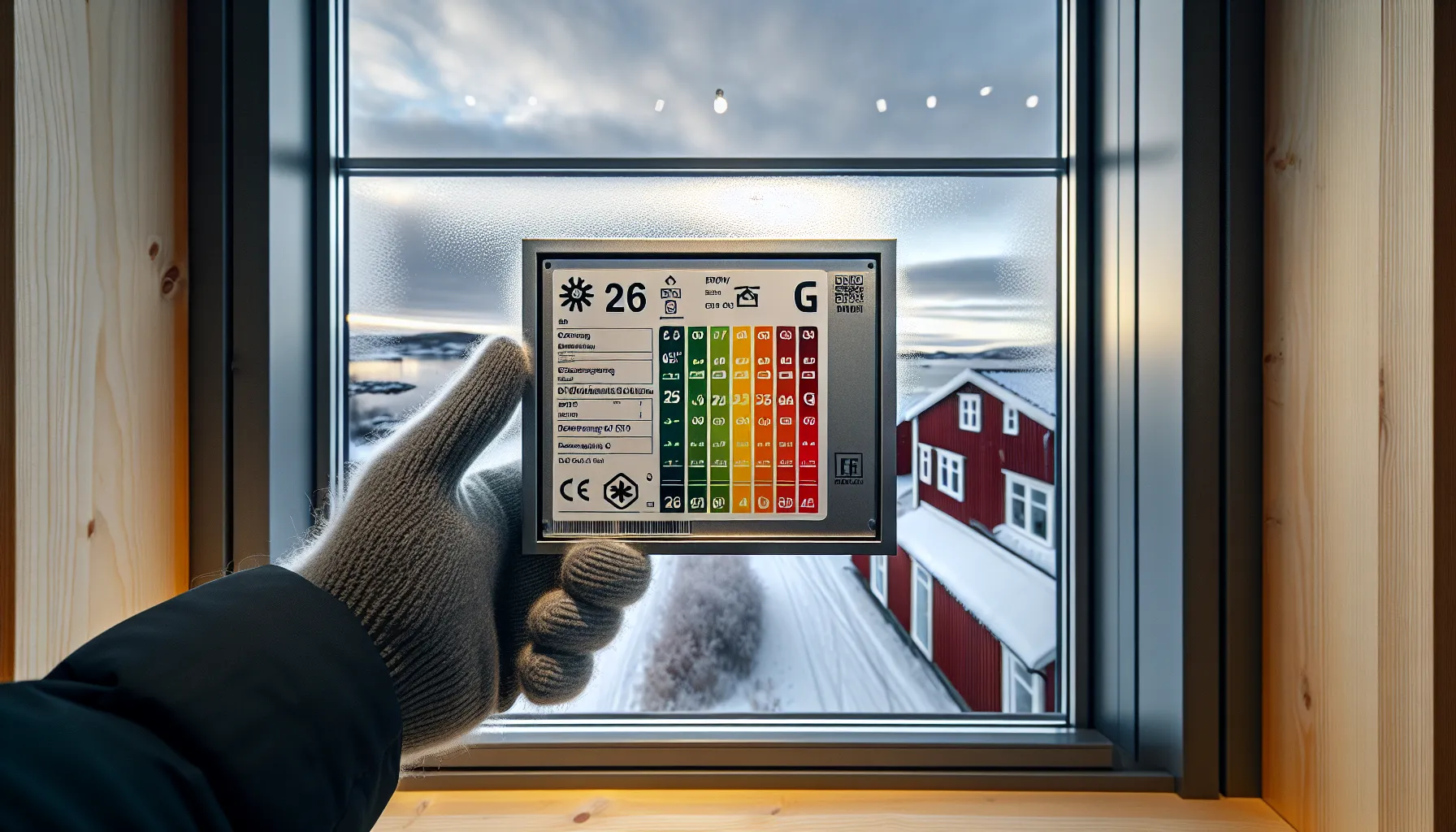 Person examining energy label on triple-glazed window in a norwegian showroom.