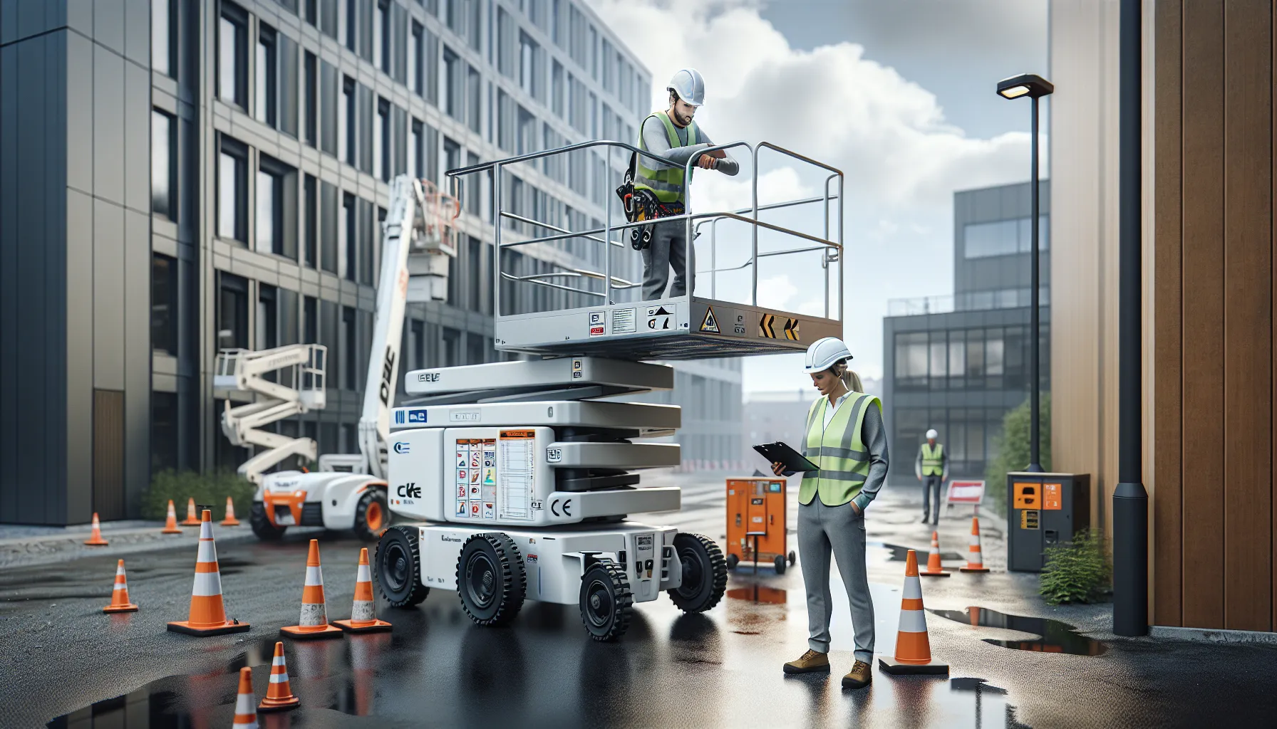 Construction worker and supervisor planning safe lift use with harness on norwegian site.