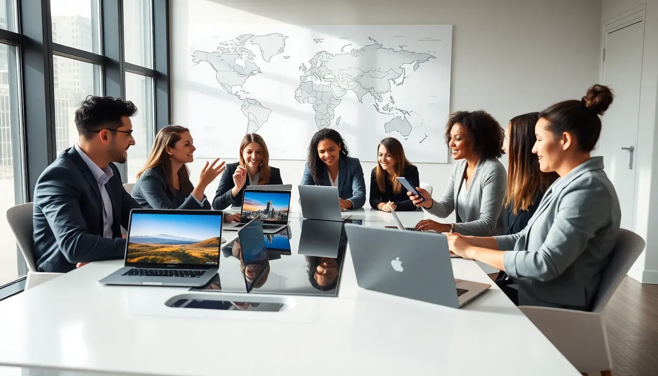 team collaborating on travel planning in a modern workspace.