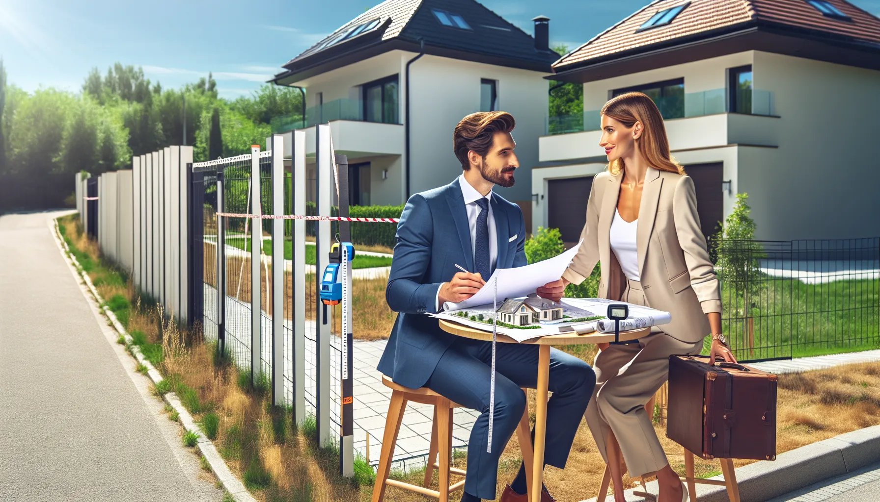 Two neighbors discussing construction plans near property boundary with blueprints