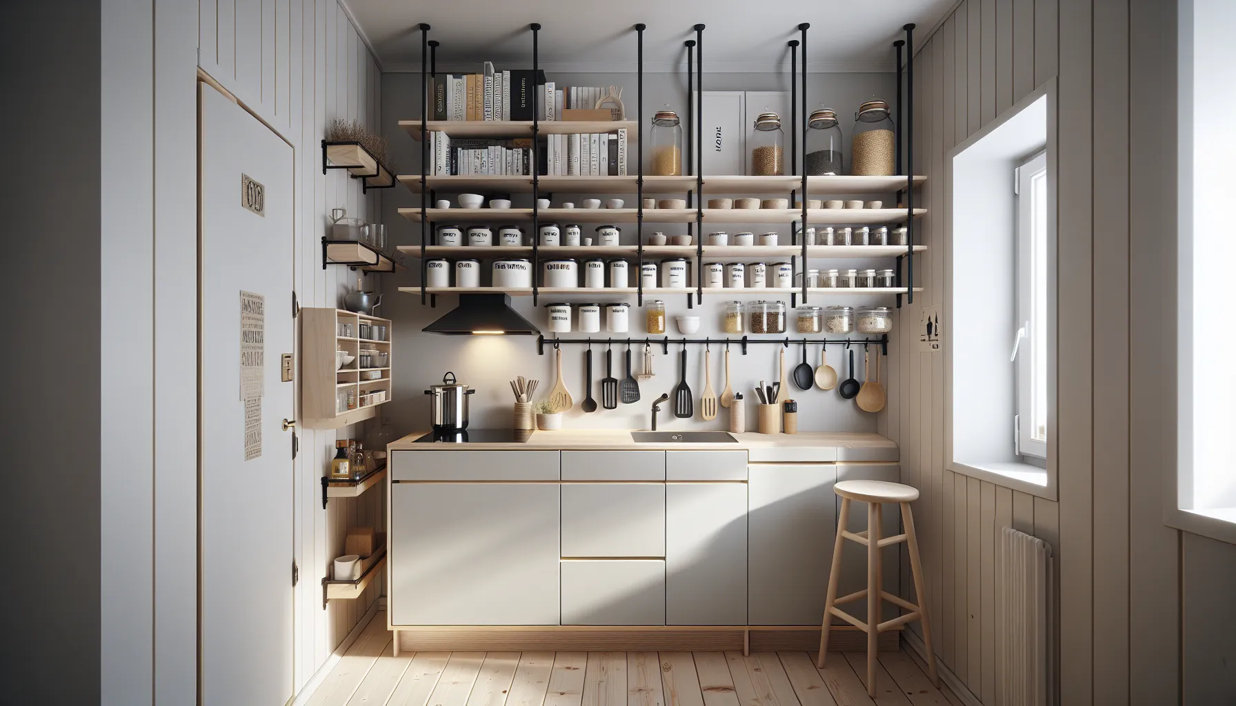 Compact norwegian kitchen using wall and ceiling storage to maximize space.