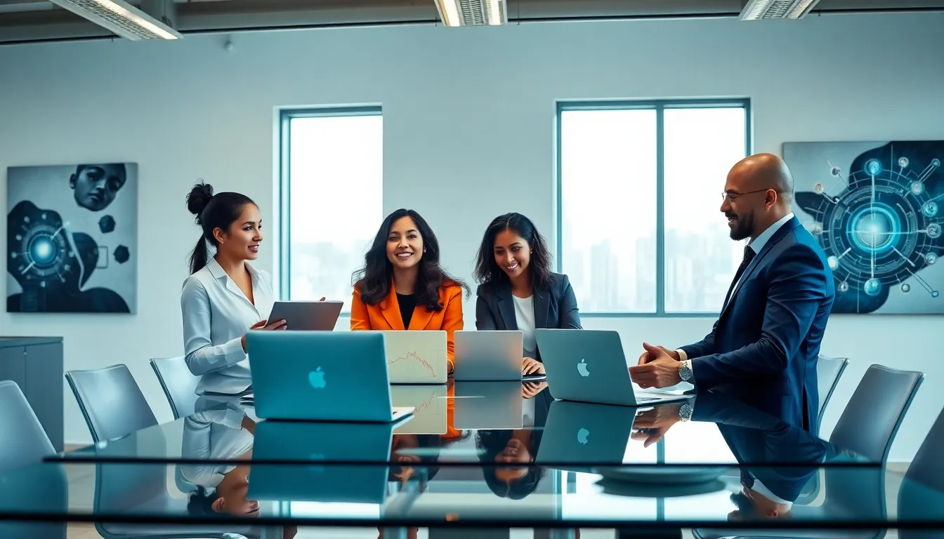 diverse team discussing Gamma AI in a modern office.