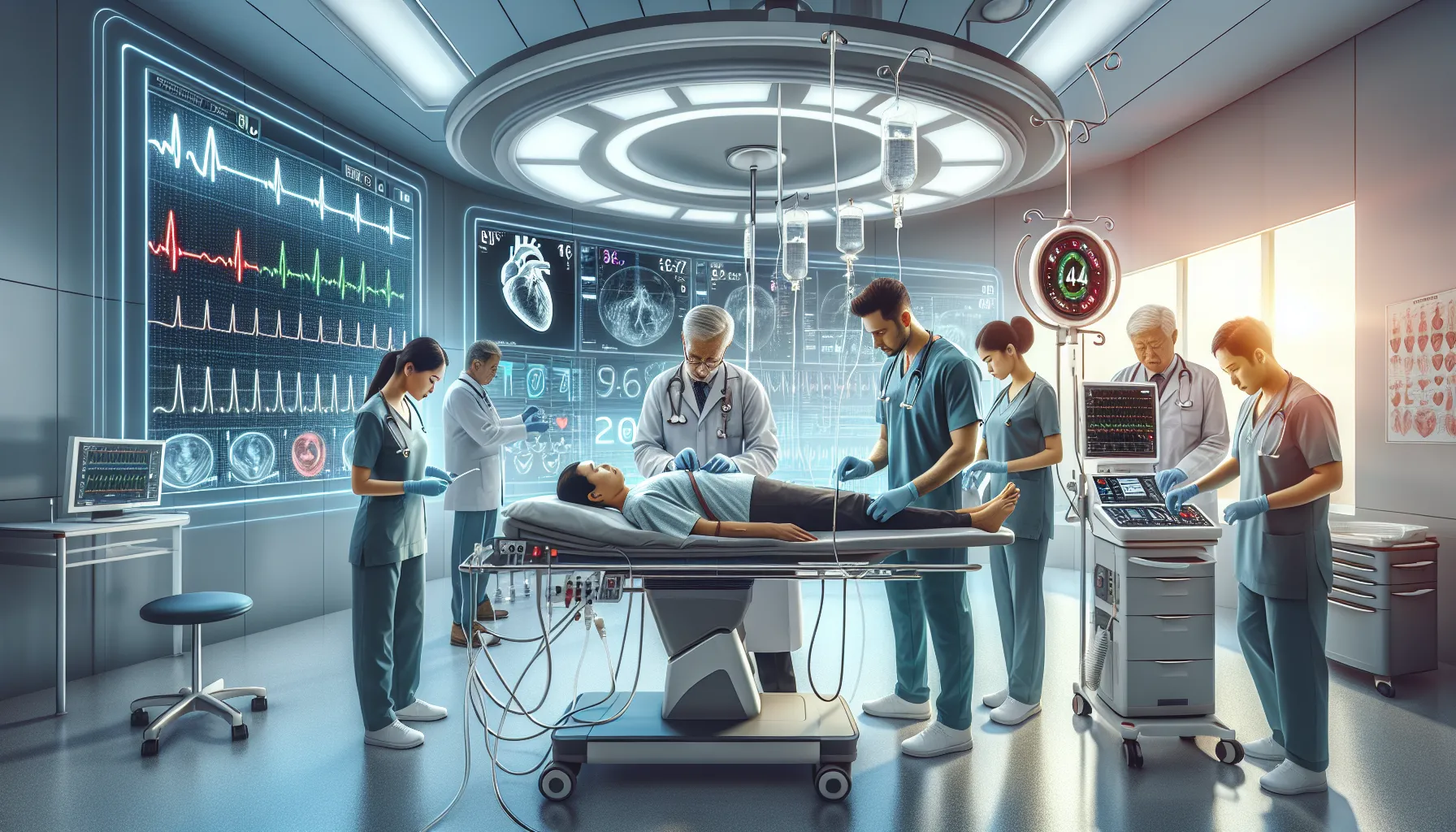 healthcare team performing a cardioversion procedure in a hospital setting.