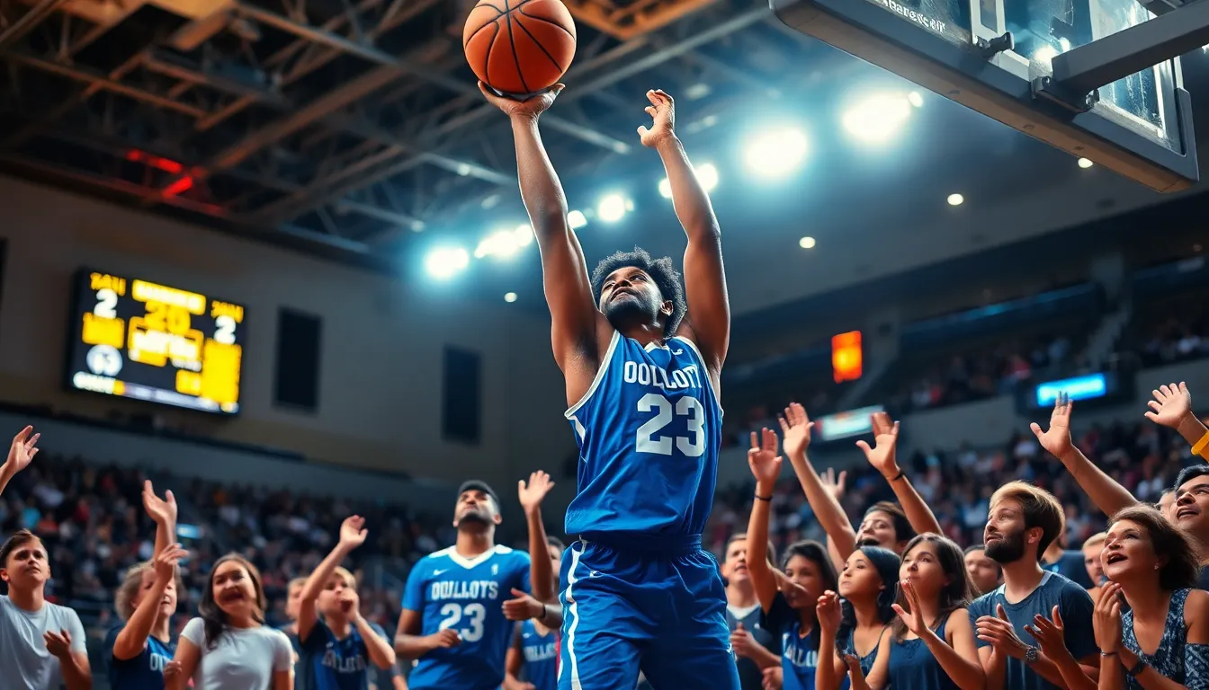 A basketball player shooting a last-second three-pointer in a tense game.