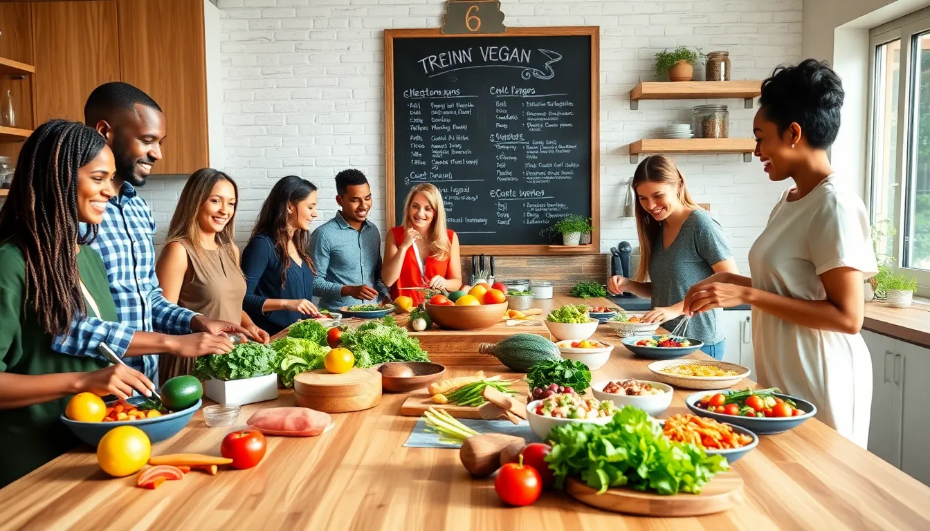 diverse group cooking vibrant vegan dishes in a modern kitchen.
