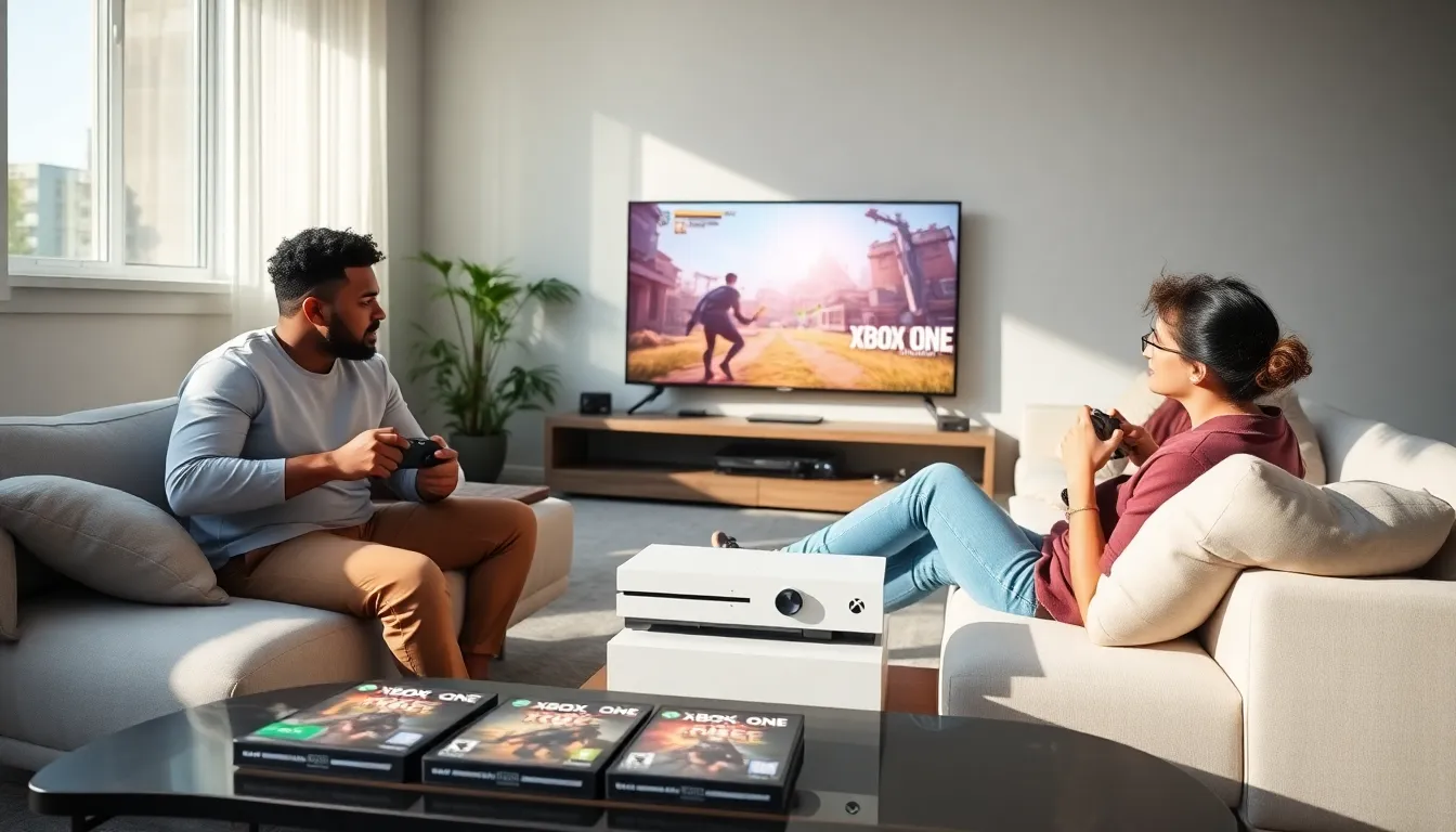 diverse group playing Xbox One in a stylish living room.