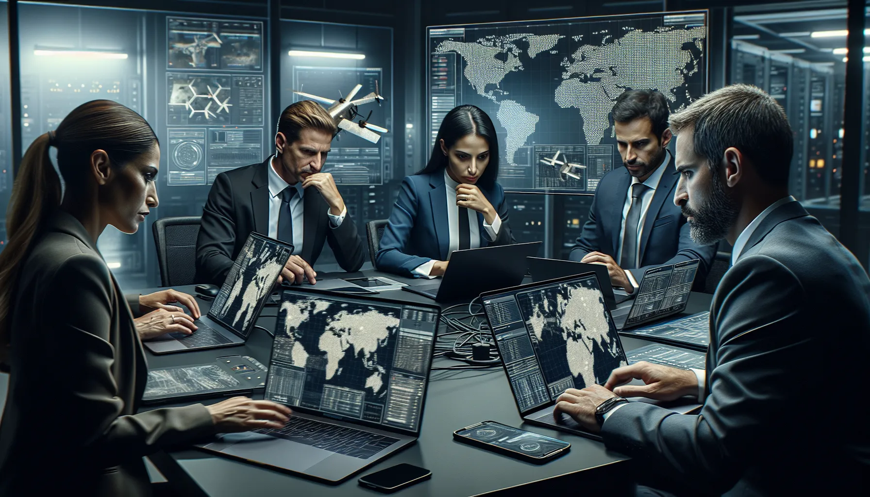 military analysts collaborating in a high-tech operations center.