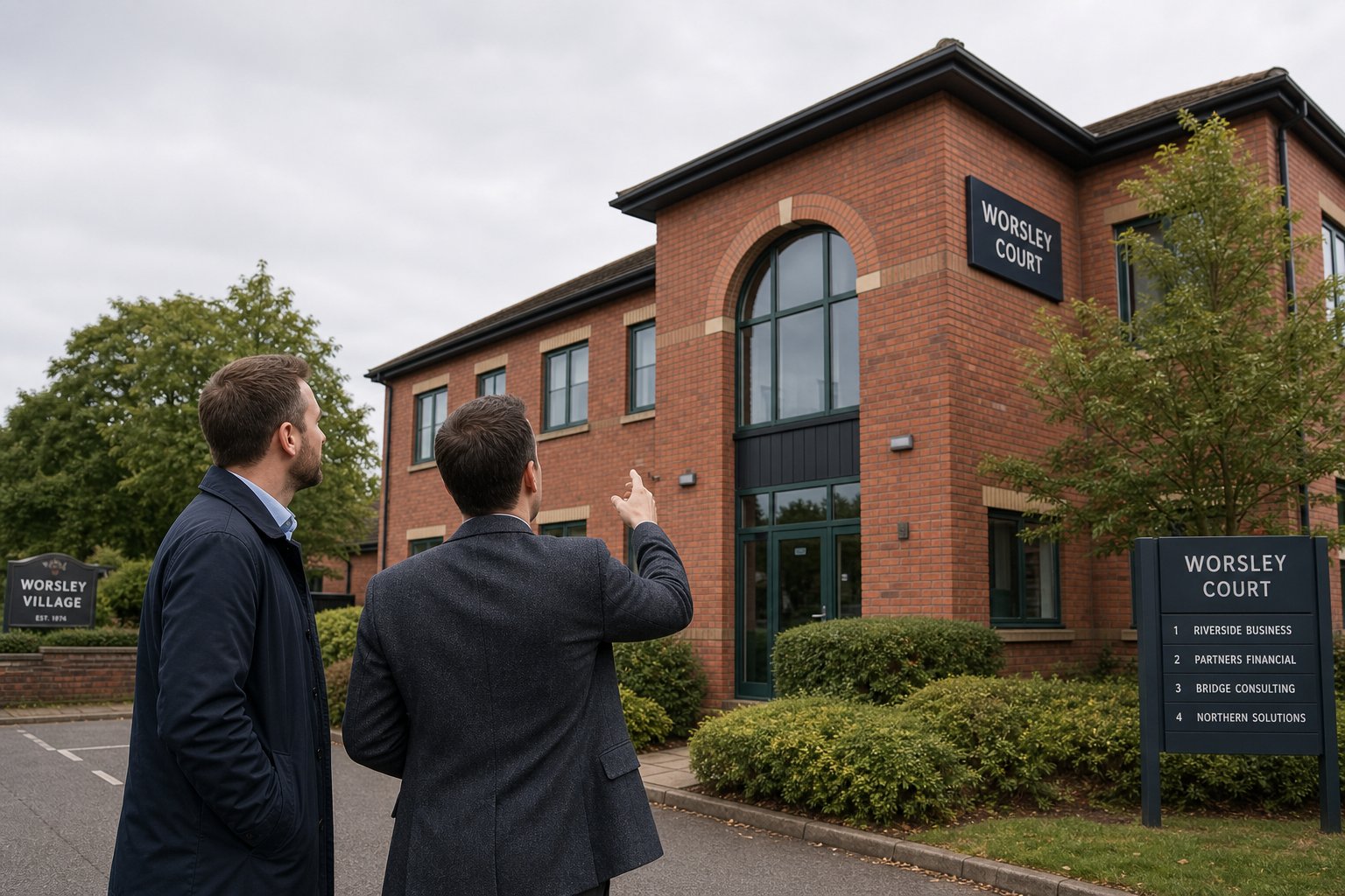 Business owner and advisor assessing a red-brick office property outdoors in Worsley.