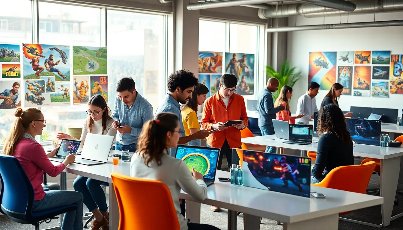 diverse team collaborating on game development in a modern office.