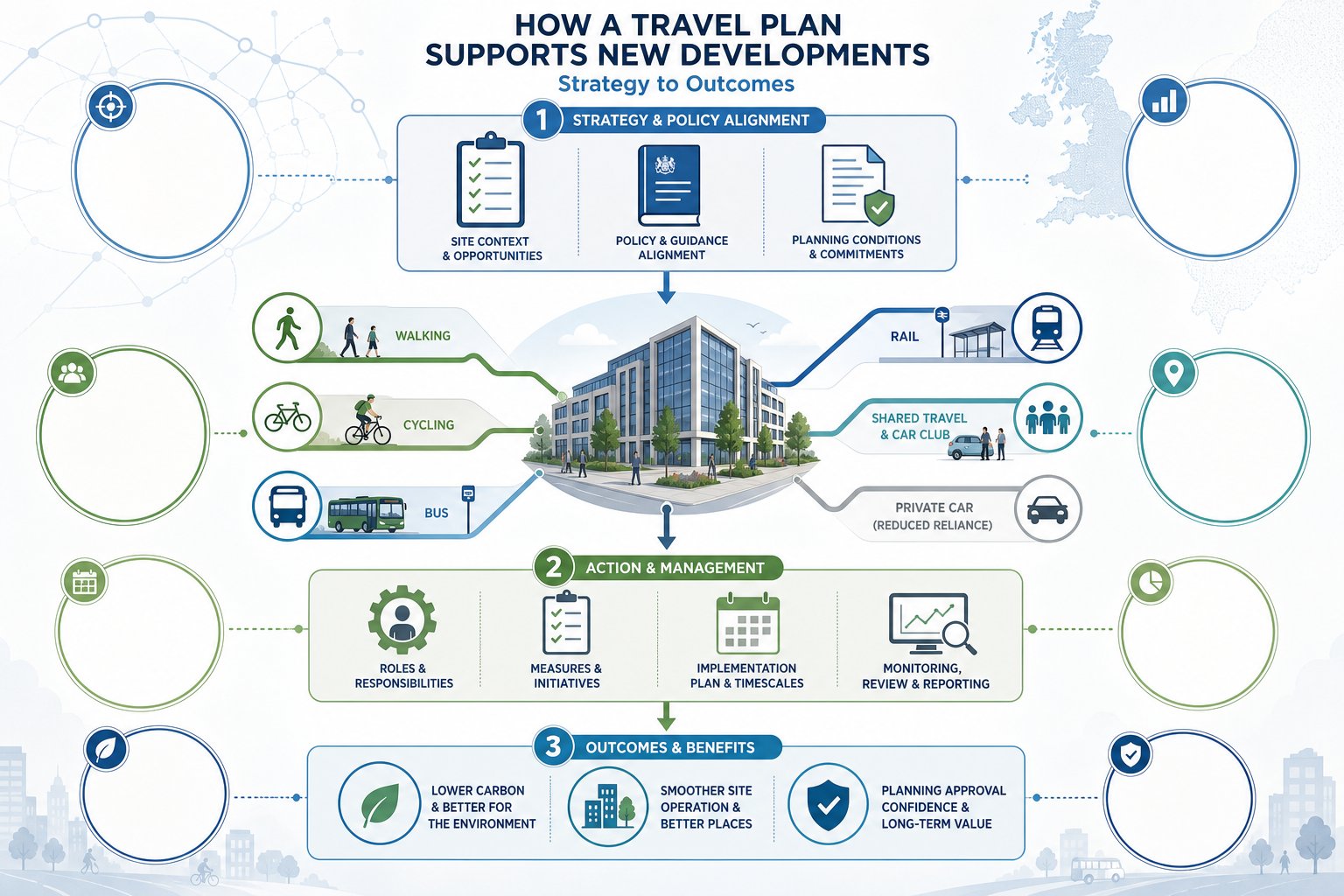 Infographic showing how a travel plan guides sustainable access for UK developments.