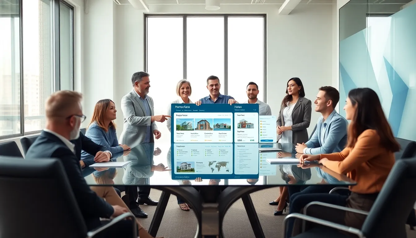 diverse real estate team discussing updates in a modern office.