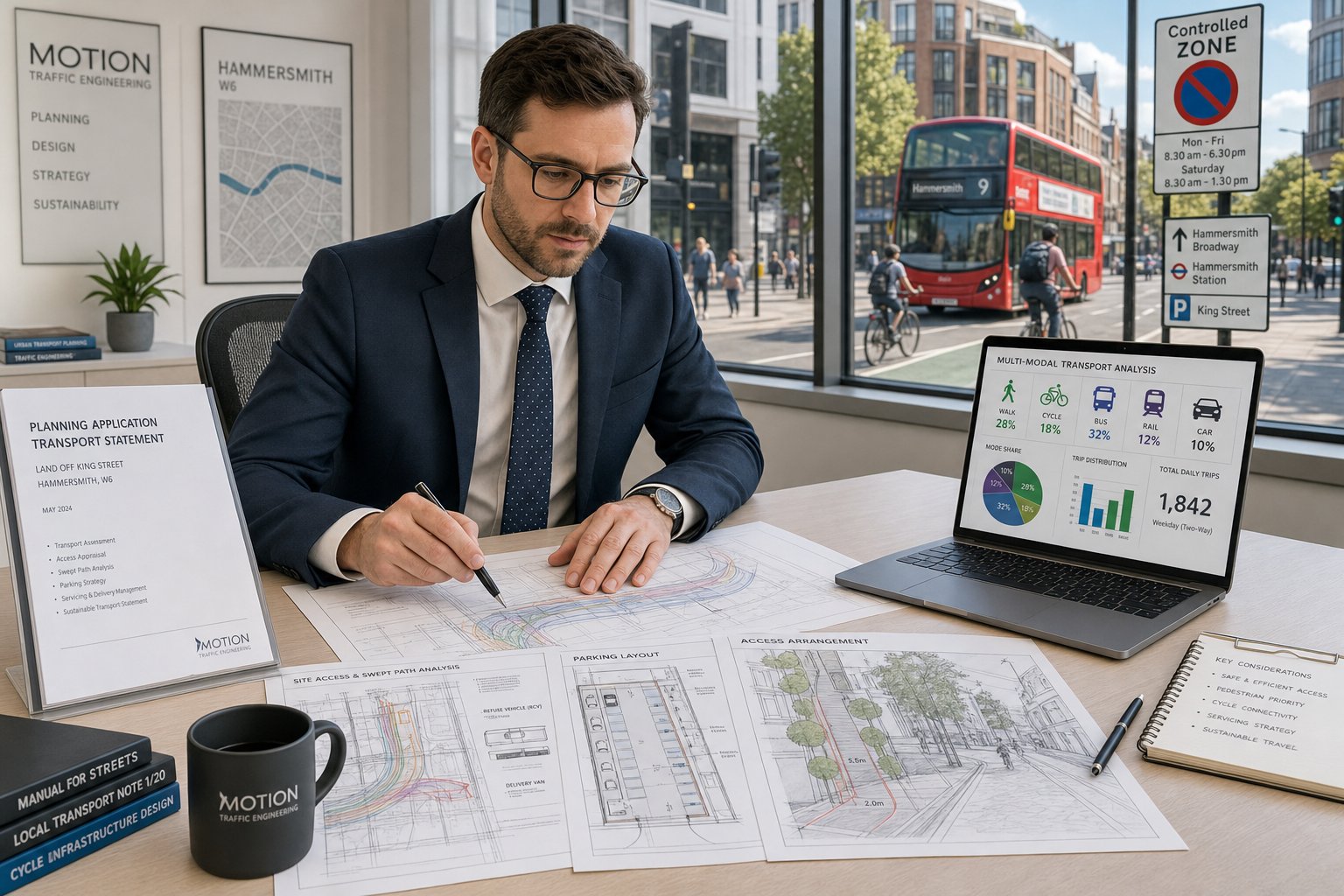 Traffic engineer reviewing transport plans for a Hammersmith development site.