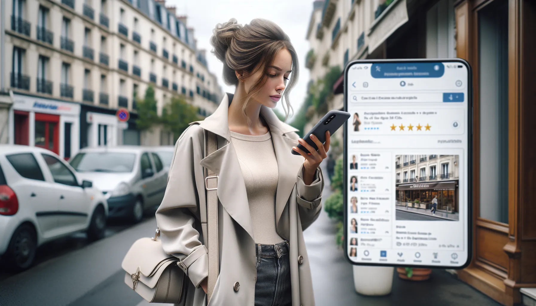 Woman in Rosny-sous-Bois comparing local businesses on Google on her smartphone.