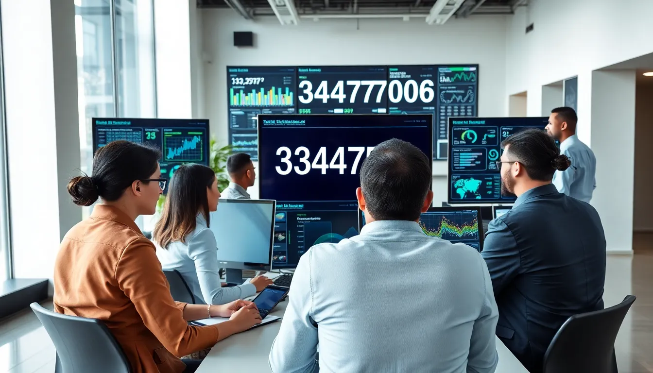 diverse team examining data in a modern office.