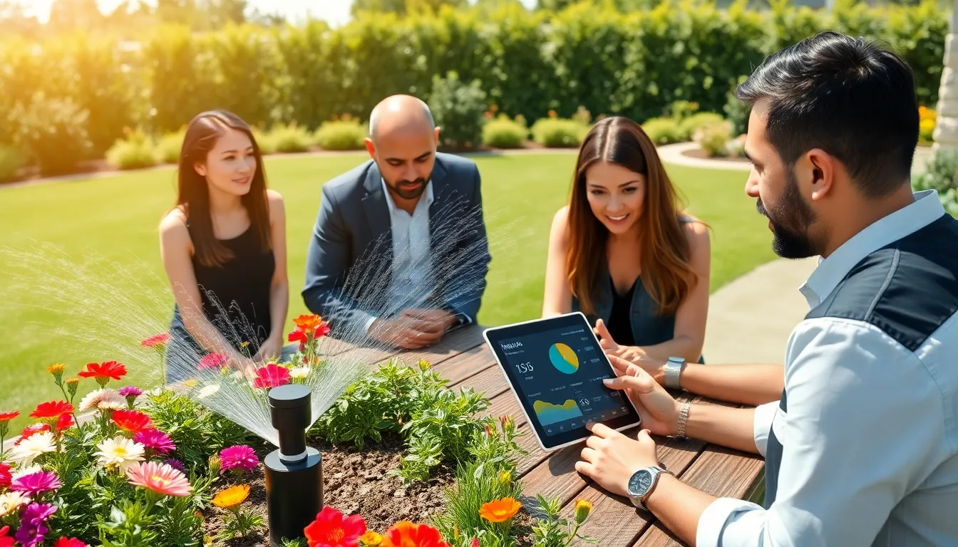 modern smart irrigation system in a residential garden with professionals.
