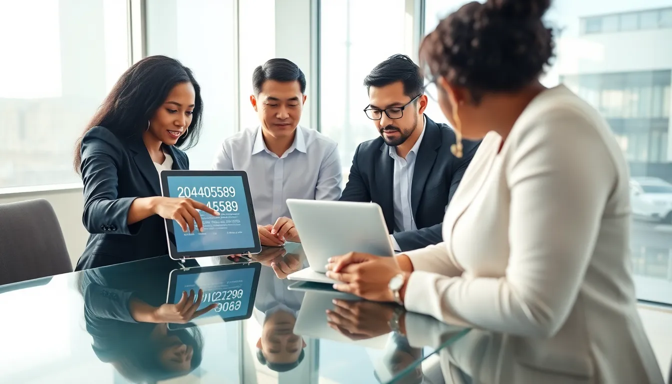 diverse professionals discussing data in a modern office.