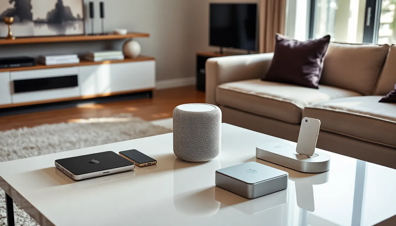 Apple HomePod with essential accessories in a stylish living room.