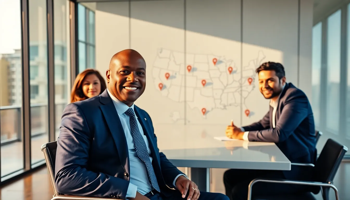 Timothy Williams leading a meeting in a modern real estate office.
