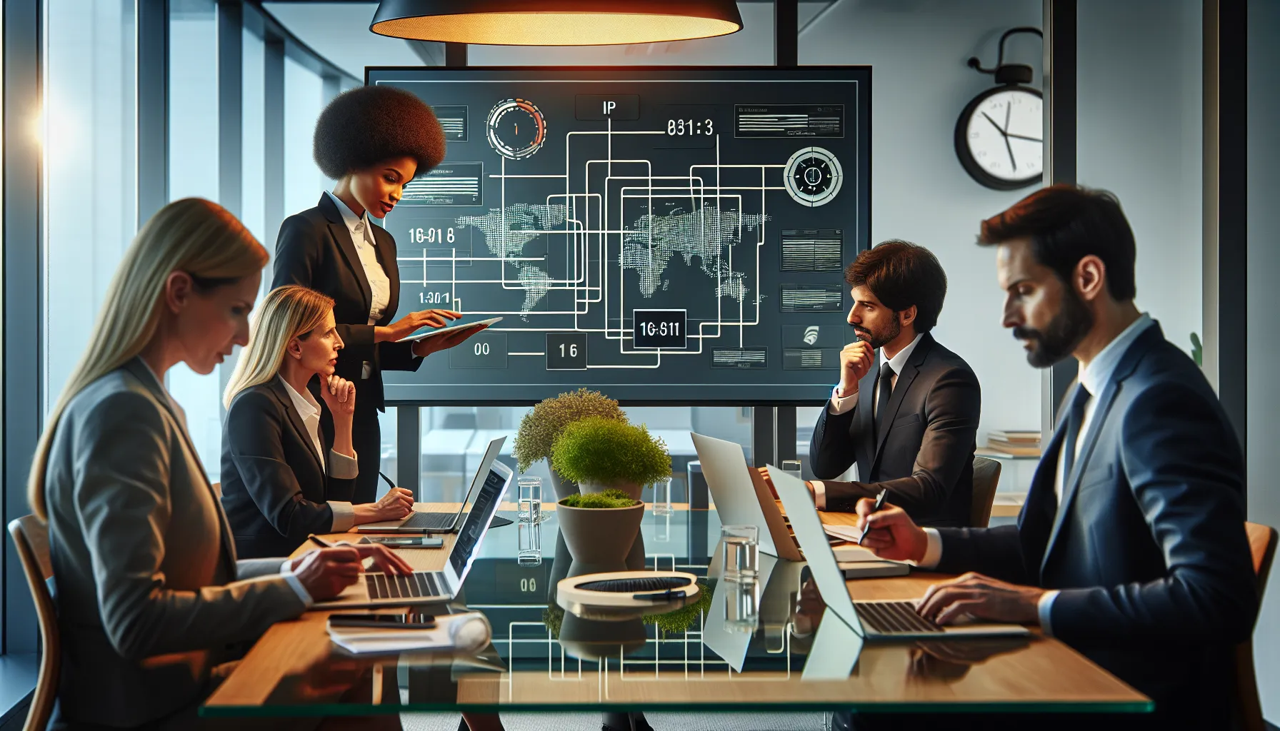 diverse team discussing IP address management in a modern office.