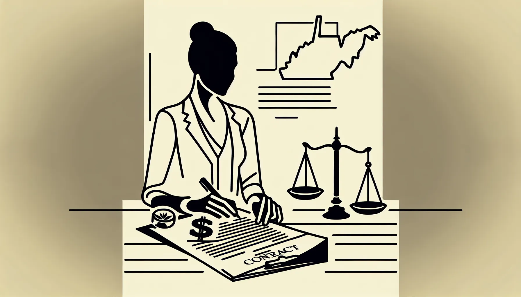 Veterinarian examining a contract with magnifying glass and balance scale, West Virginia outline.