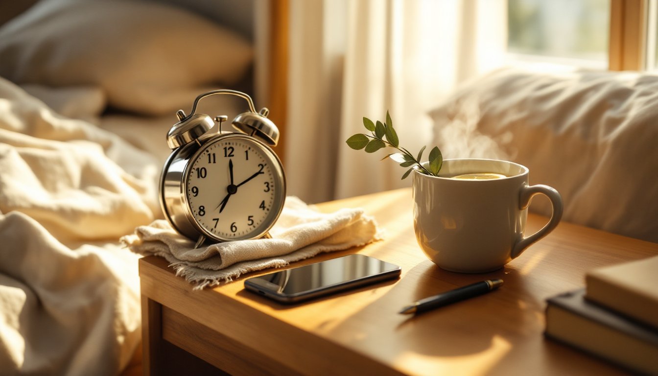 An analog alarm clock and face-down phone on a sunlit nightstand at dawn.