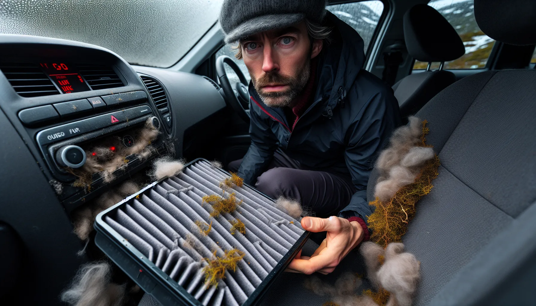 De beste tipsene for å holde bilen luktfri 1 Norwegian driver examines dirty cabin filter beside coffee stain and wet mat.