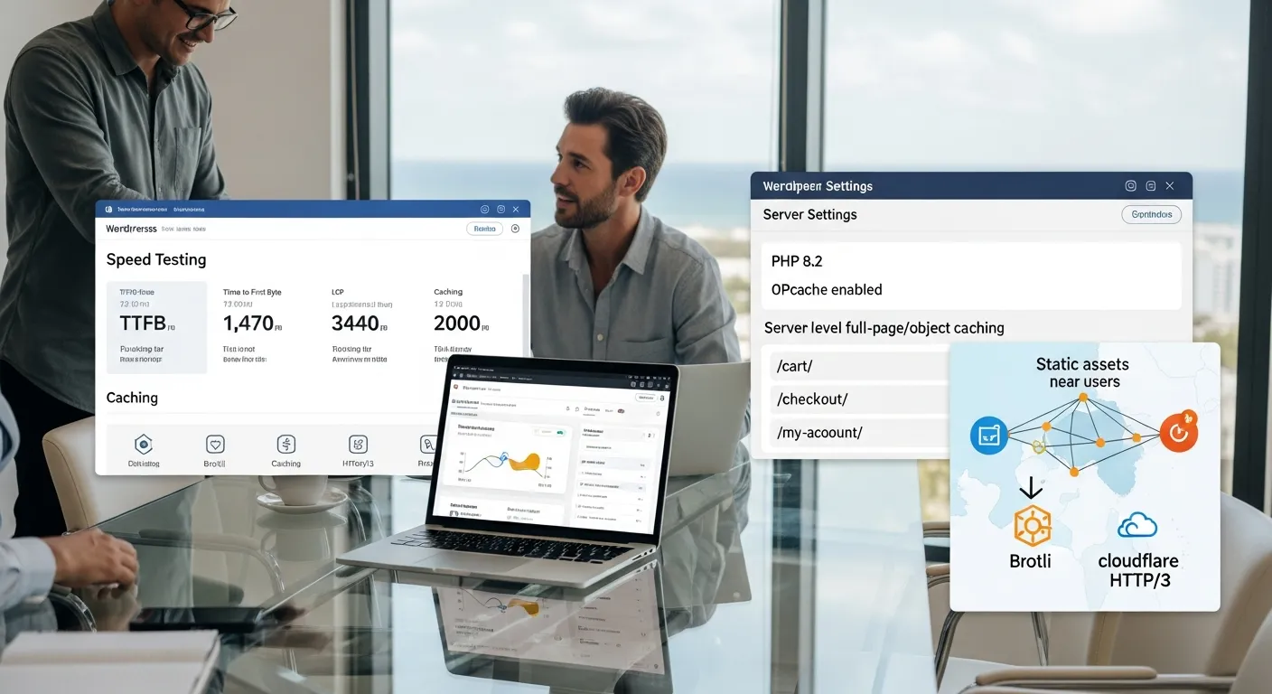 Professionals reviewing WordPress speed metrics, PHP settings, caching, and CDN dashboard.