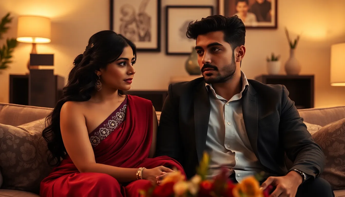 diverse couple in an emotional scene in a modern living room.