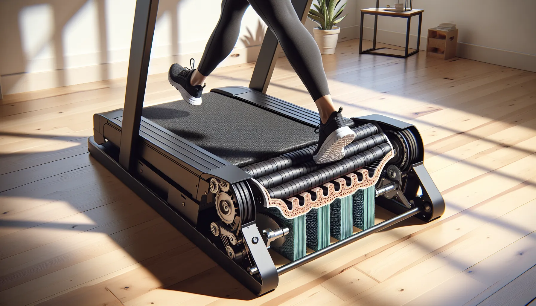 Close-up cutaway of premium treadmill cushioning under a runner’s foot.