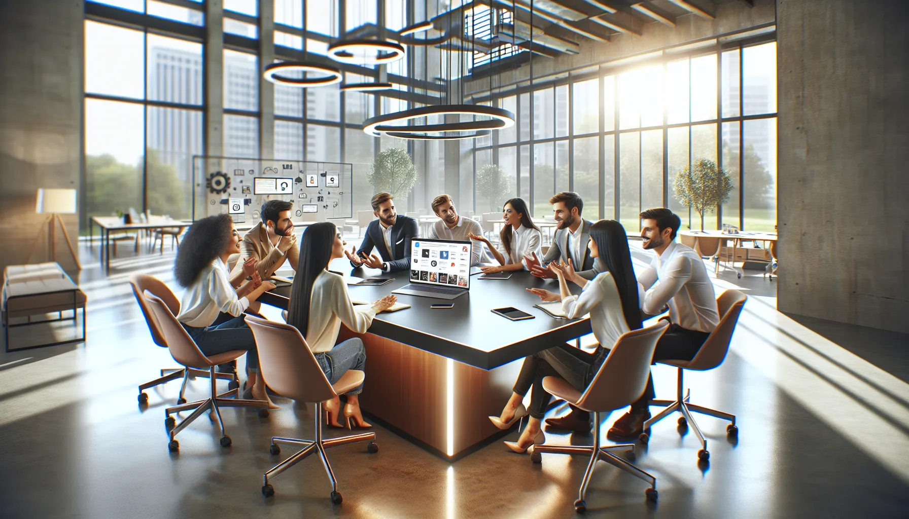 diverse professionals collaborating in an office on social media strategies.