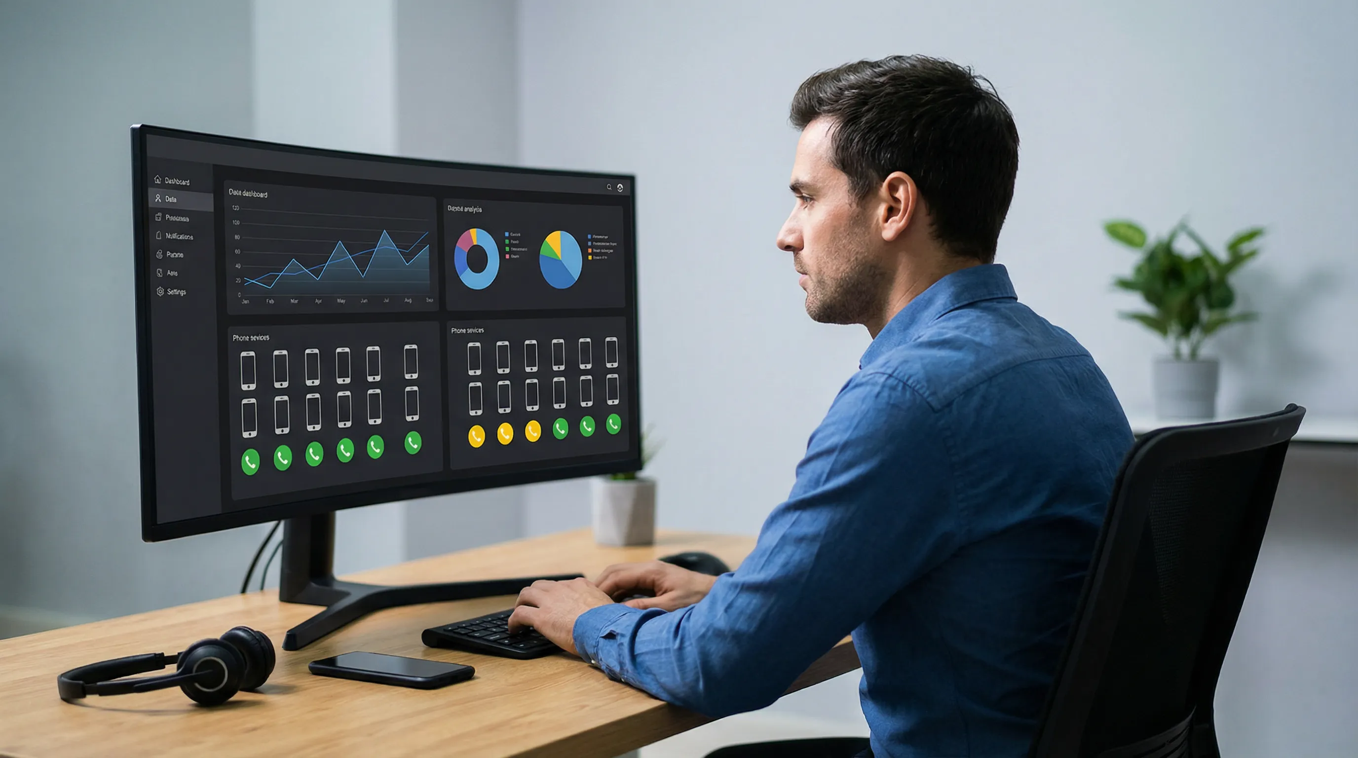 Person at a workstation looking at a monitor displaying a clear analytics dashboard with various performance charts.