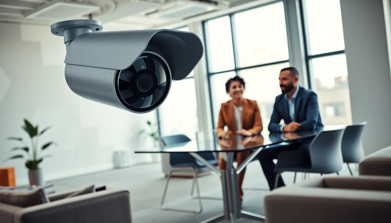 wide angle security camera in a modern office with professionals discussing.