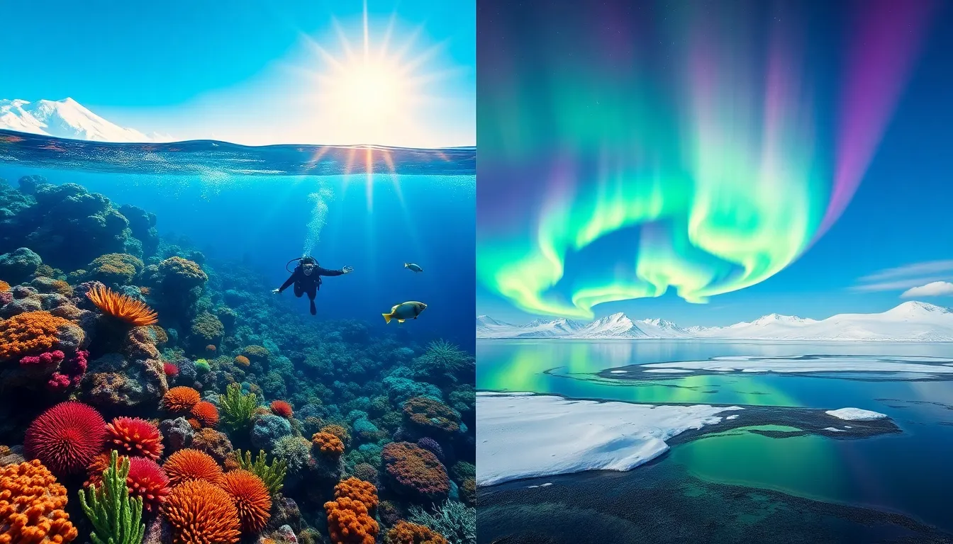scuba diver at the Great Barrier Reef and Northern Lights over Alaska.
