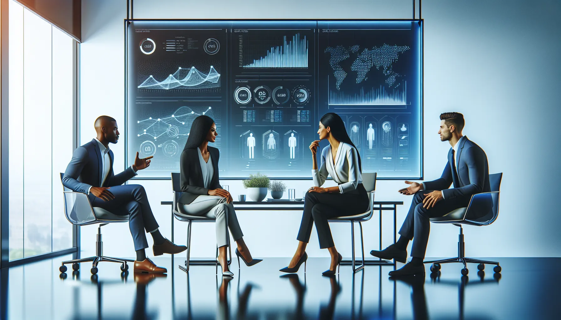 diverse team discussing data analytics in a modern office.