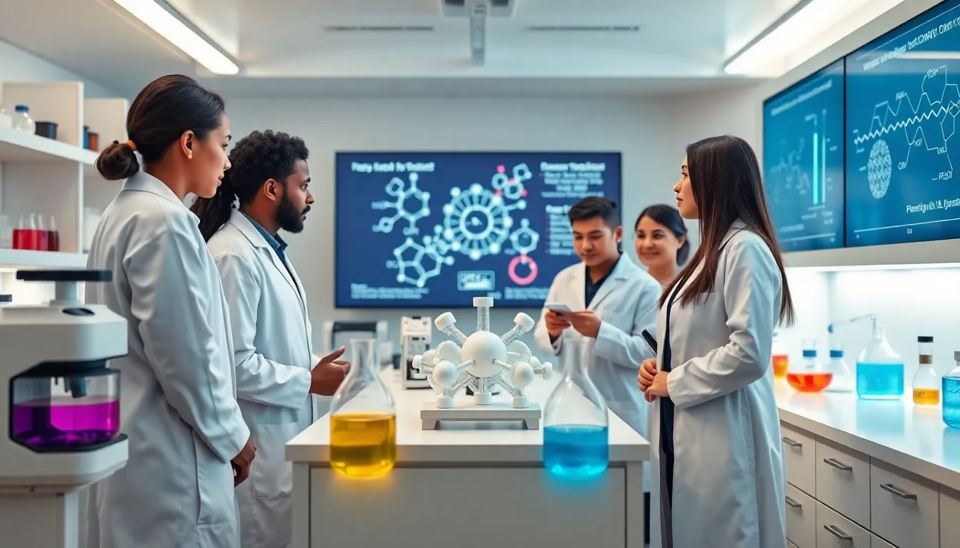 diverse scientists examining a molecular model of Fe29194773 in a lab.