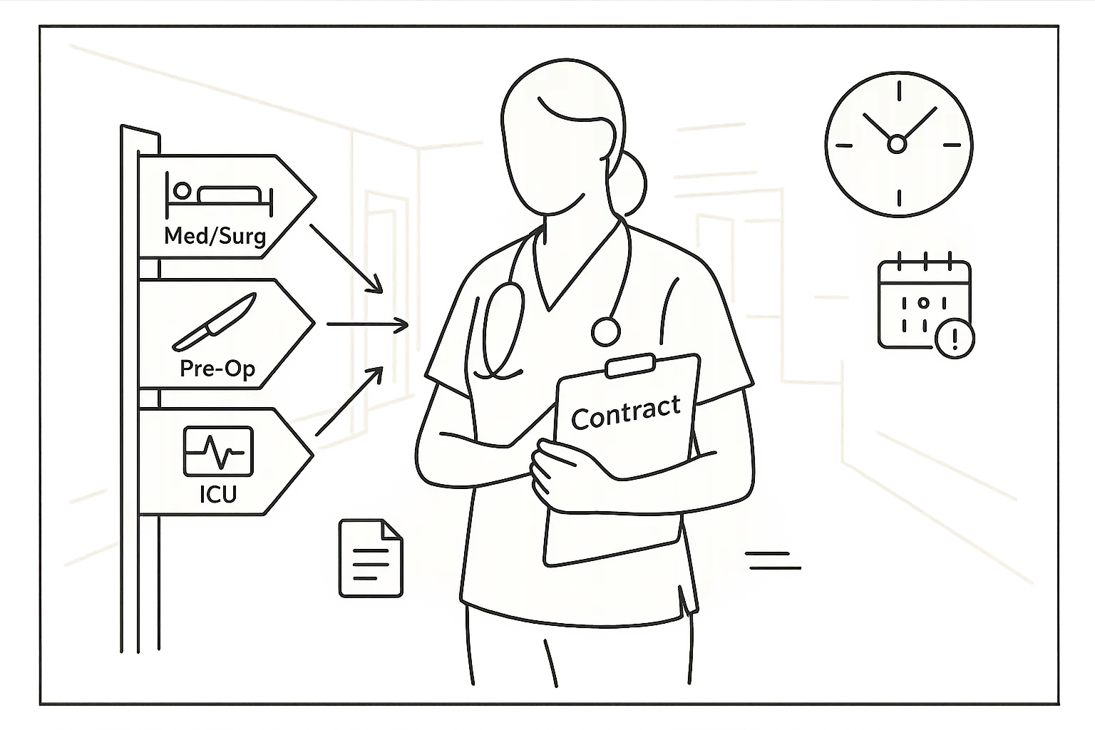 Nurse practitioner with clipboard facing signposts for hospital unit assignments and schedule