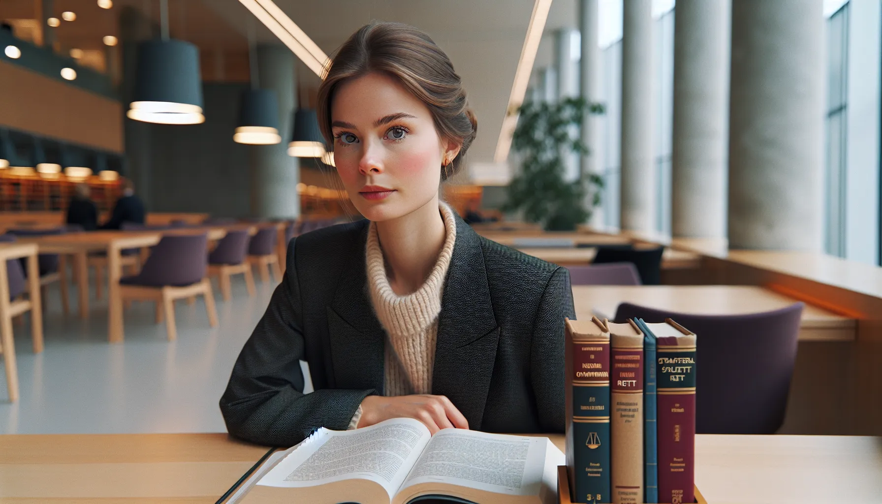 Hva kreves for å bli advokat i norge? 2 Norwegian law student studying in a winter-lit library with law books and laptop.