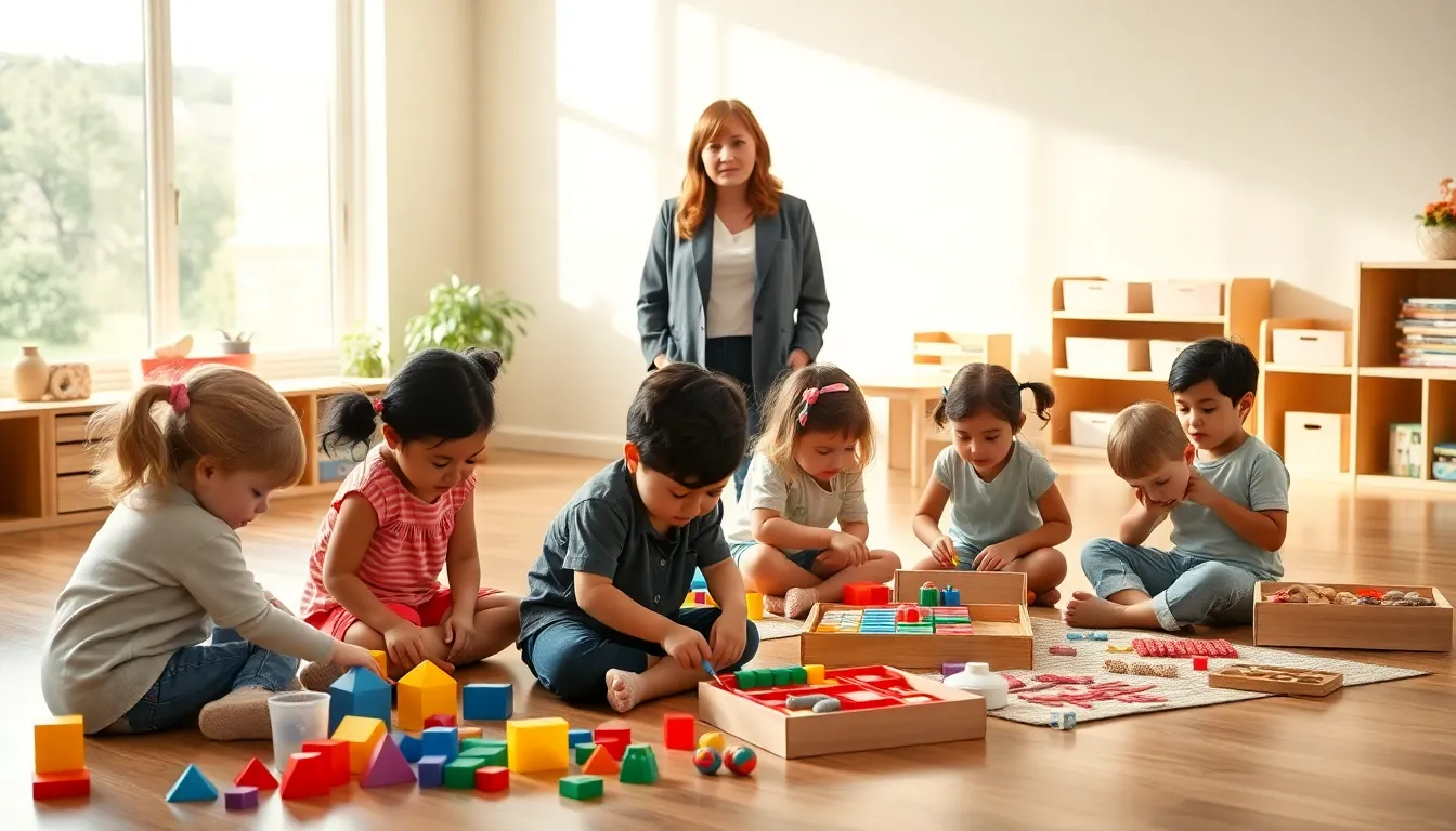 children engaged in hands-on learning in a Montessori classroom.