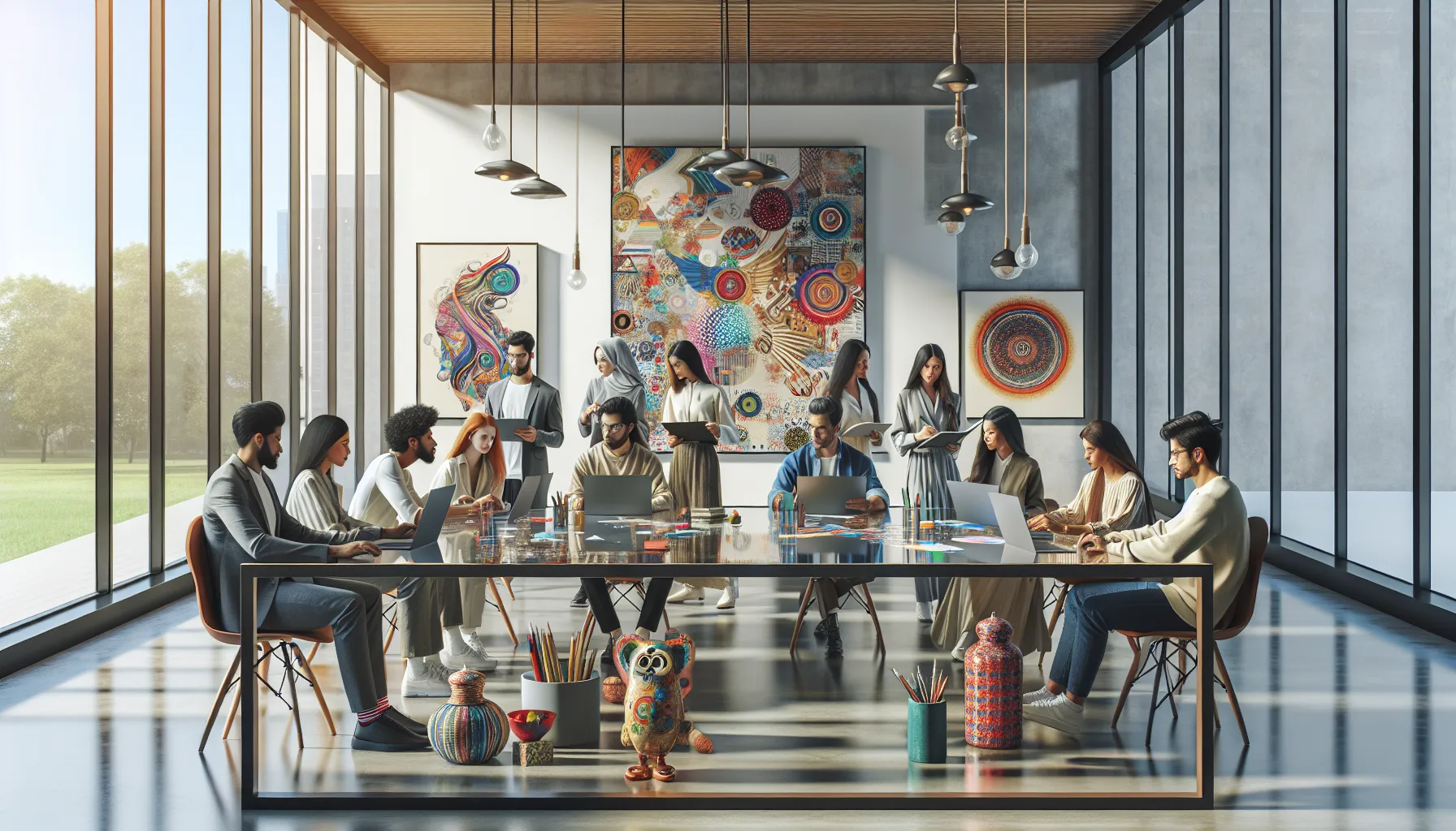 diverse team collaborating on creative projects in a modern office.