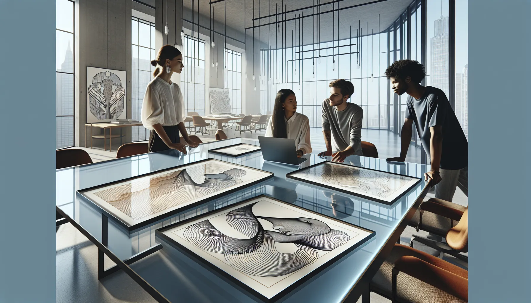 diverse artists collaborating on outline art in a modern office.