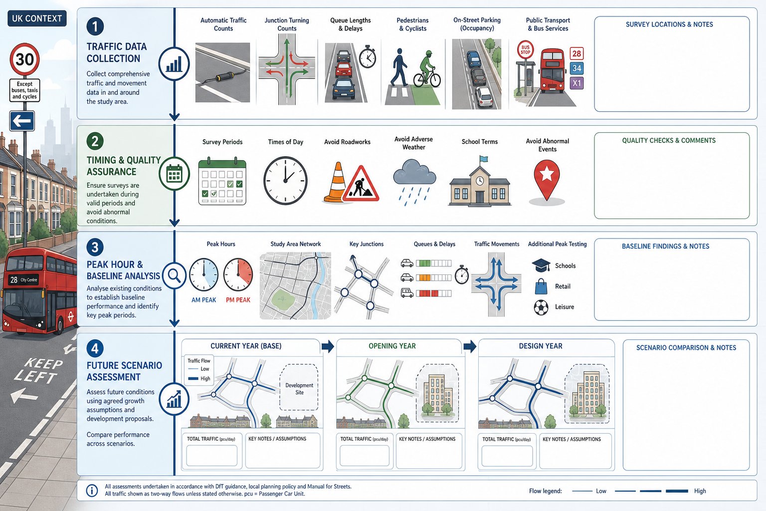 Infographic showing UK residential traffic surveys, peak-hour analysis, and future scenarios.