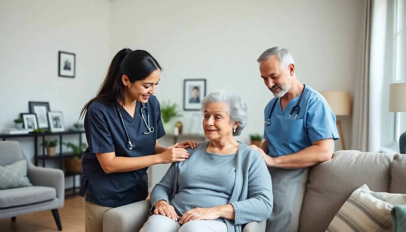 professional caregivers assisting a senior in a warm home environment.